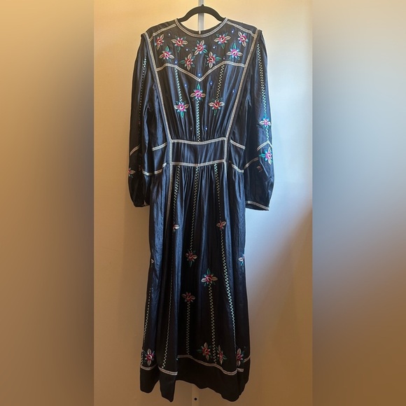 NEW Isabel Marant Caroline Embroidered Silk-satin Midi Dress Sz 36 Faded Black - Picture 7 of 16